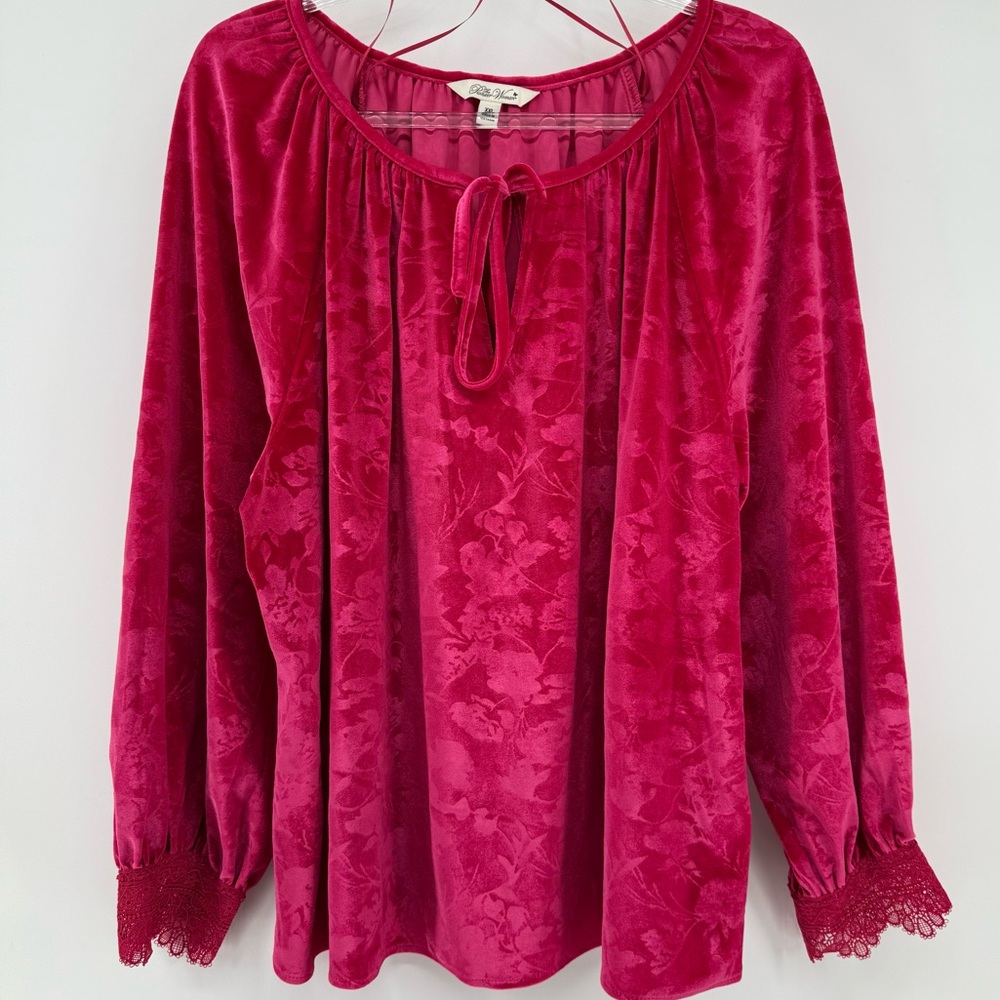 The Pioneer Woman Crochet Cuff‎ Raglan Sleeve Velvet Top XXL Fuchsia Pink boho